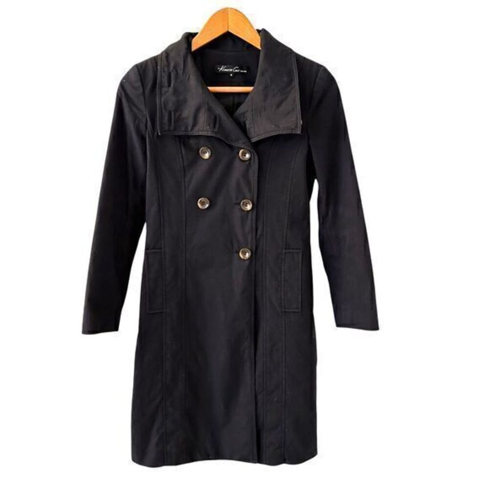Kenneth Cole Black Cotton‎ Satin Lined Long Button Up Trench Coat Fall Jacket S
